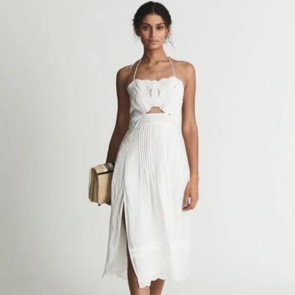NWT Reiss Nellie Embroidered Front Halterneck Midi Dress